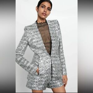 Zara Silver Sequin Blazer and Shorts Set